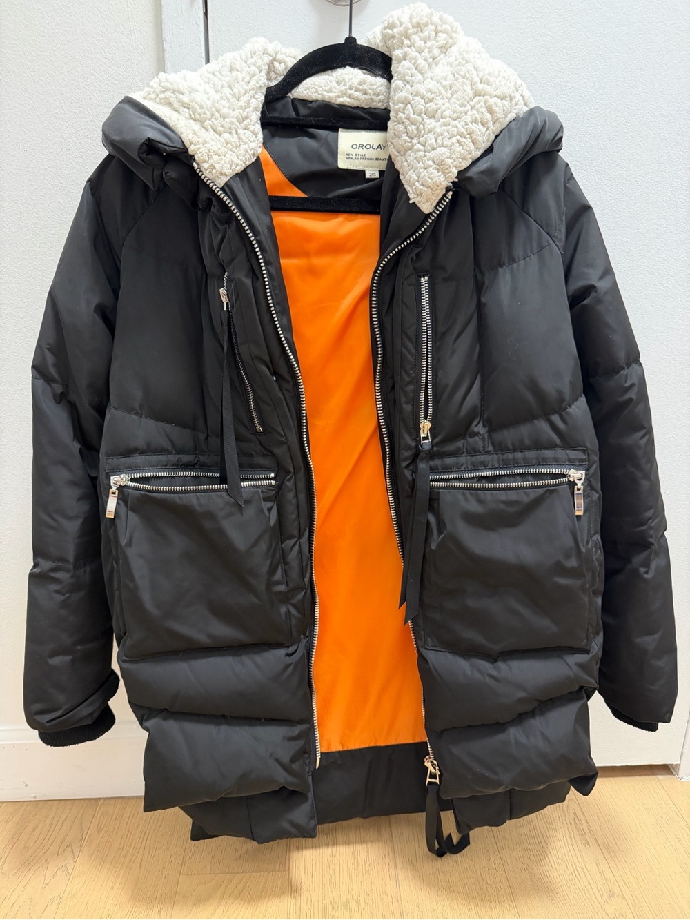 Orolay Black Puffer Coat with White Sherpa Hood & Orange Lining